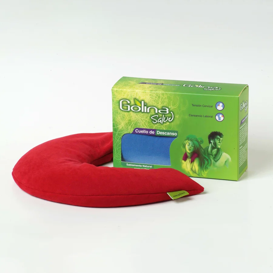 Cuello de descanso Golina rojo junto a su caja de regalo
