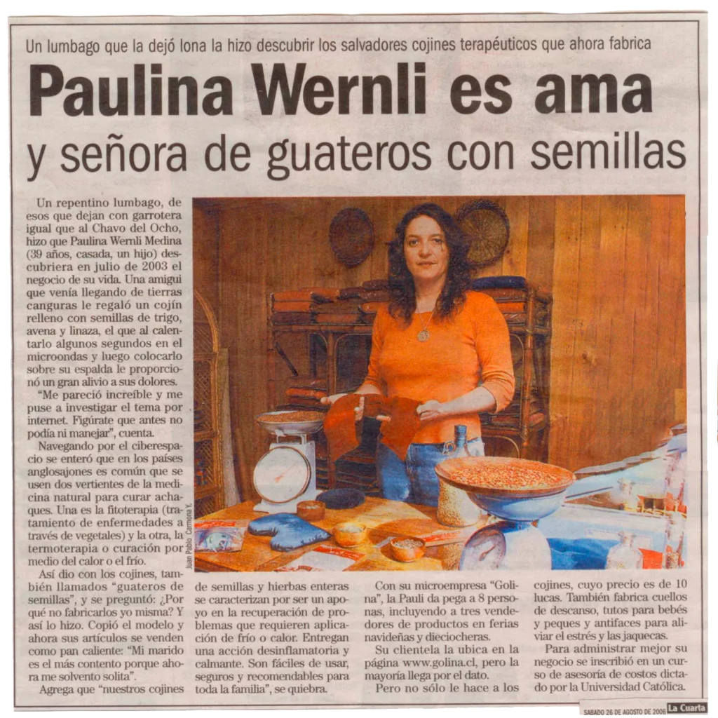 Recorte de prensa titulado «Paulina Wernli es ama y señora de guateros con semillas», con una fotografía de la fundadora en su taller