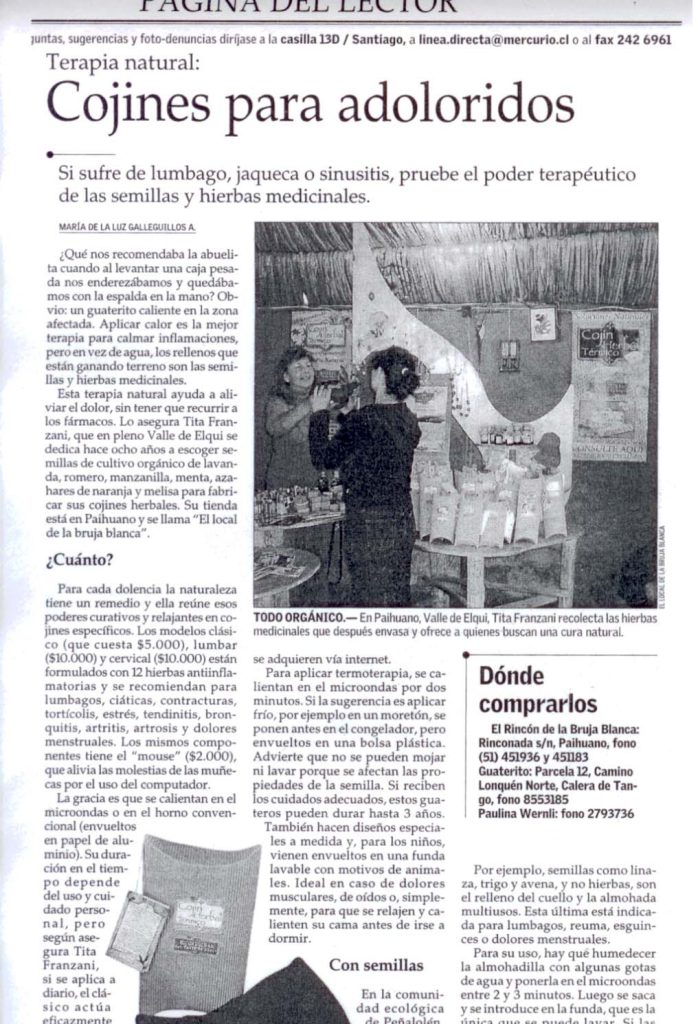 Recorte del diario El Mercurio titulado «Cojines para adoloridos», sobre la terapia con semillas y hierbas medicinales